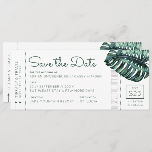 Mod Monstera Leaf Boarding Pass De datum opslaan Aankondiging (Voorkant / Achterkant)