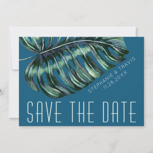 Mod Monstera Leaf Green en Moody Blue Wedding Save The Date (Voorkant)