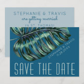 Mod Monstera Leaf Green en Moody Blue Wedding Save The Date (Voorkant / Achterkant)
