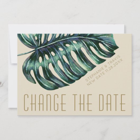 Mod Monstera Leaf Green en Tan New Changed Save The Date (Voorkant)
