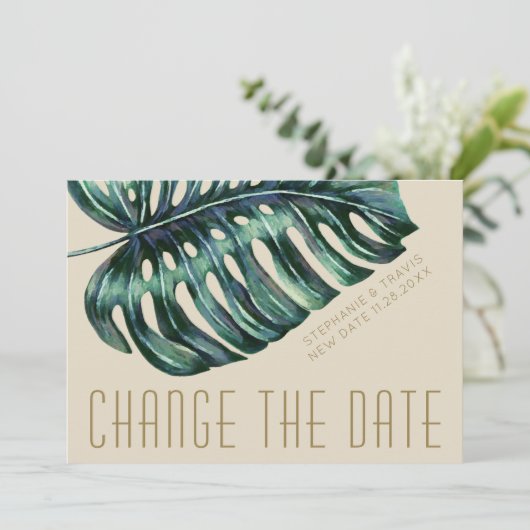 Mod Monstera Leaf Green en Tan New Changed Save The Date (Staand voorkant)
