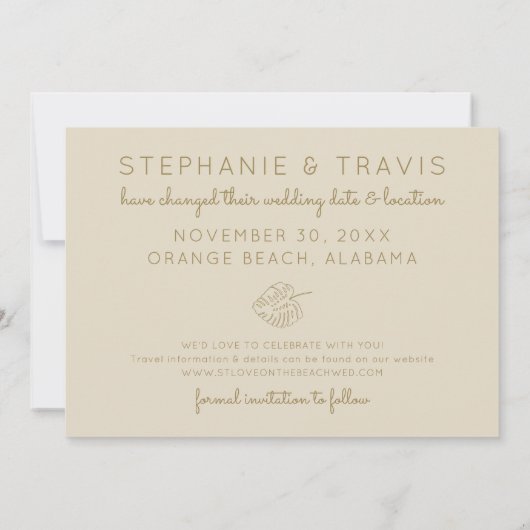 Mod Monstera Leaf Green en Tan New Changed Save The Date (Achterkant)