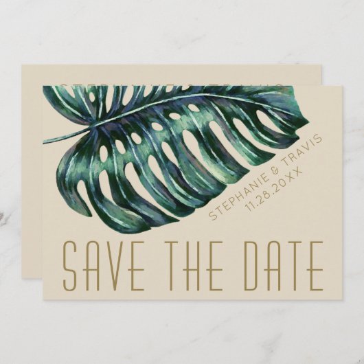 Mod Monstera Leaf Green en Tan Wedding Save The Date (Voorkant / Achterkant)
