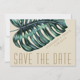 Mod Monstera Leaf Green en Tan Wedding Save The Date