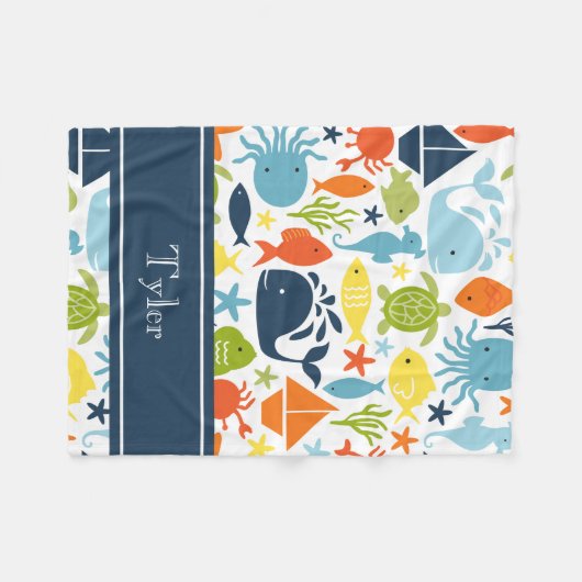 Mod Ocean Creatures, Zee dieren, nautische gewoont Fleece Deken (Voorkant (Horizontaal))