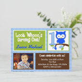 mod owl 1e verjaardag fotouitnodiging voor jongens kaart (Staand voorkant)