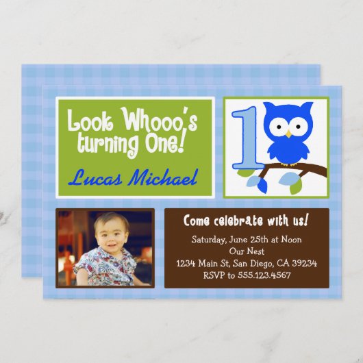 mod owl 1e verjaardag fotouitnodiging voor jongens kaart (Voorkant / Achterkant)