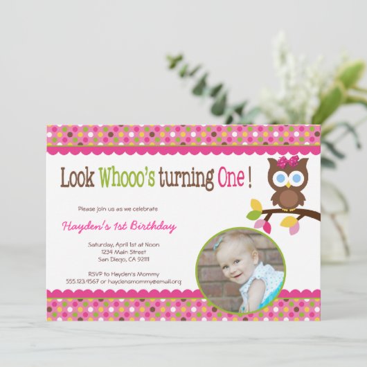 Mod Owl 1st Birthday Uitnodiging - Eerste Partij (Staand voorkant)