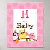 Mod Owl Flower Girls Nursery Wall Art Name Print (Voorkant)