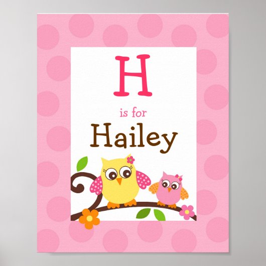 Mod Owl Flower Girls Nursery Wall Art Name Print (Voorkant)