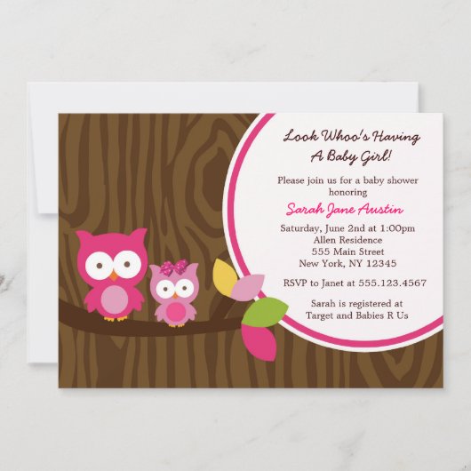 Mod Owl Girl Baby Shower Invitations Kaart (Voorkant)