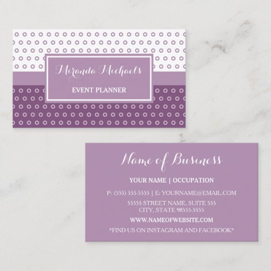 Mod Paars en White Polka Dots Event Planner Visitekaartje (Voorkant / Achterkant)