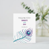 Mod paarse, blauwgroen blauwe pauw bedankjes briefkaart (Staand voorkant)