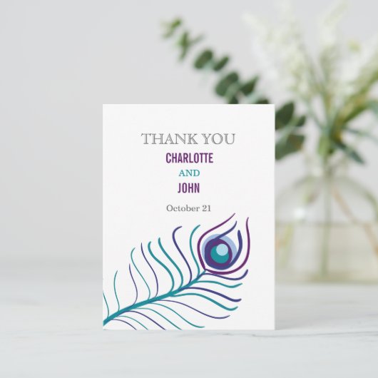 Mod paarse, blauwgroen blauwe pauw bedankjes briefkaart (Staand voorkant)