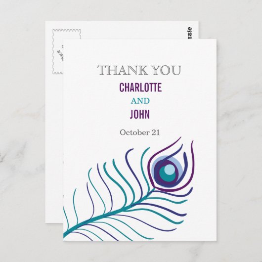 Mod paarse, blauwgroen blauwe pauw bedankjes briefkaart (Voorkant / Achterkant)