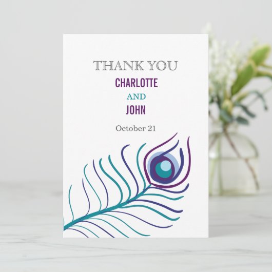 Mod paarse, blauwgroen blauwe pauw bruiloft Hartel Kaart (Staand voorkant)