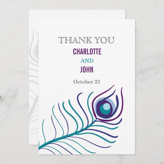 Mod paarse, blauwgroen blauwe pauw bruiloft Hartel Kaart (Voorkant / Achterkant)