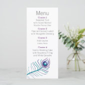 Mod paarse, blauwgroen blauwe pauw Bruiloft menu (Staand voorkant)