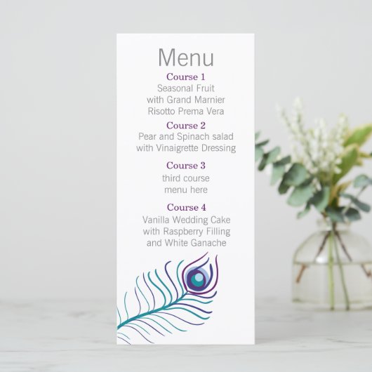 Mod paarse, blauwgroen blauwe pauw Bruiloft menu (Staand voorkant)