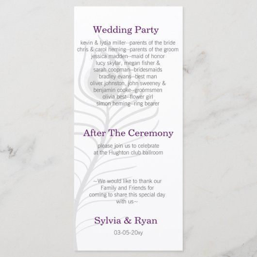 Mod paarse, blauwgroen blauwe pauw bruiloft progra programmakaart (Achterkant)