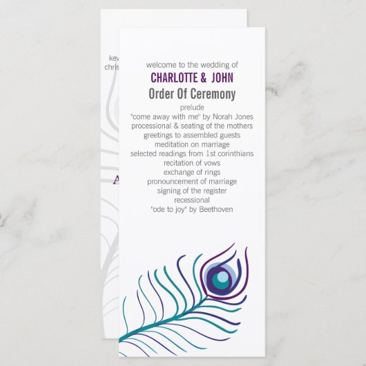 Mod paarse, blauwgroen blauwe pauw bruiloft progra programmakaart (Voorkant / Achterkant)