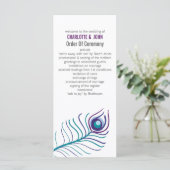 Mod paarse, blauwgroen blauwe pauw bruiloft progra programmakaart (Staand voorkant)