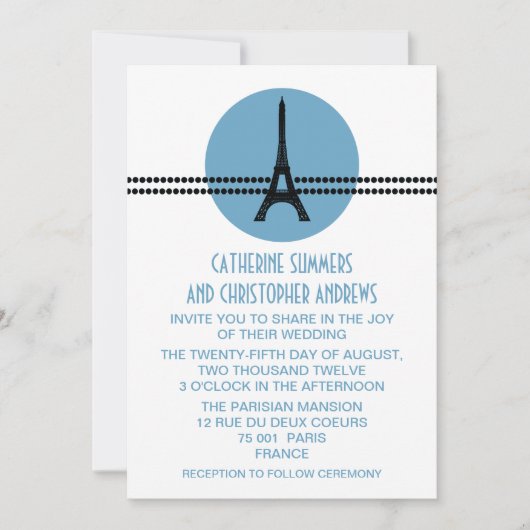 Mod Parisian Stippen Wedding Invite, Blue Kaart (Voorkant)