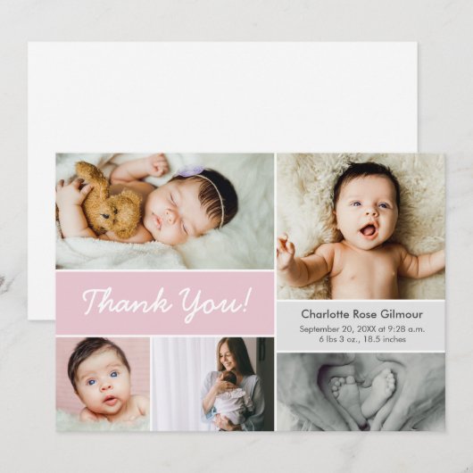 Mod Pink Custom Fotocollage Baby Meisje Geboorte Bedankkaart (Voorkant / Achterkant)