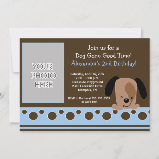 Mod Puppy Blue en bruine Birthday Invitation Kaart (Voorkant)