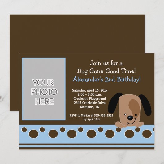 Mod Puppy Blue en bruine Birthday Invitation Kaart (Voorkant / Achterkant)