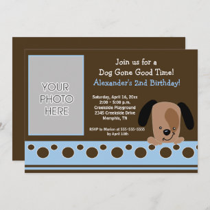 Mod Puppy Blue en bruine Birthday Invitation Kaart