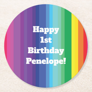 Mod regenboogkleurige 1e verjaardag ronde kartonnen onderzetter