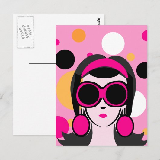 Mod Retro Girl Hot Pink Big Sunbribril Briefkaart (Voorkant / Achterkant)