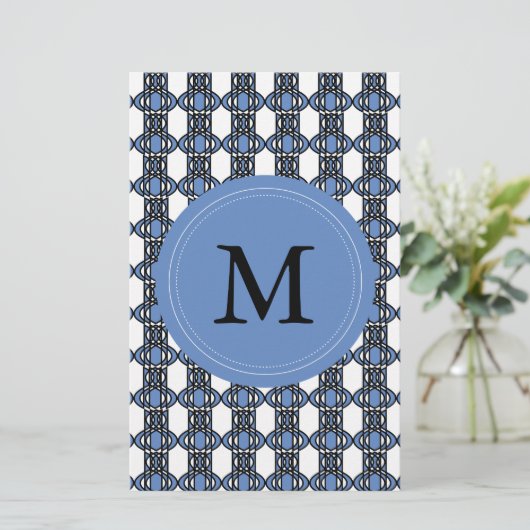 Mod Retro Monogram Blue Abstract Scarab Patroon Briefpapier (Staand voorkant)