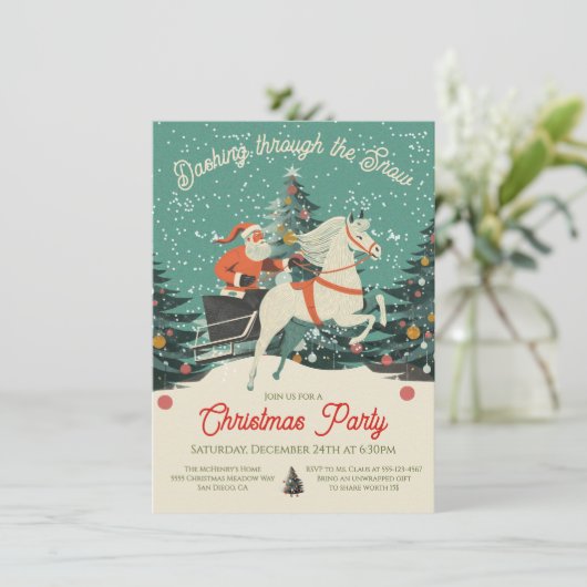 Mod Retro Santa's Sleigh Ride Christmas Party Kaart (Staand voorkant)