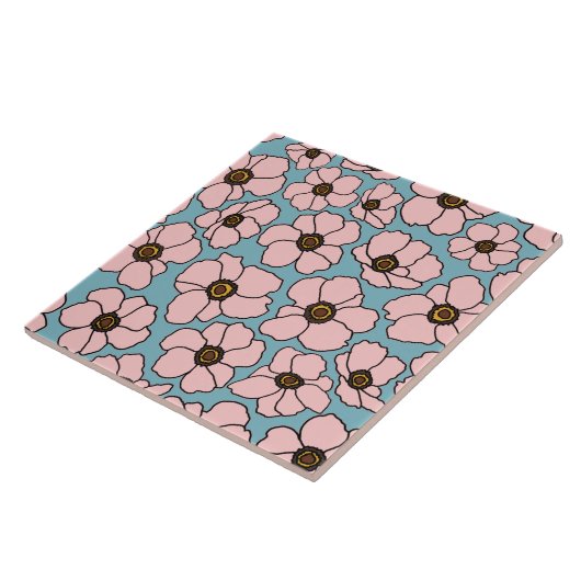 Mod Roze Bloemen Op Blauwe Tegeltje (Zijkant)