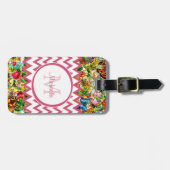 Mod Roze Chevron Floral Monogram en naam Bagagelabel (Voorkant horizontaal)