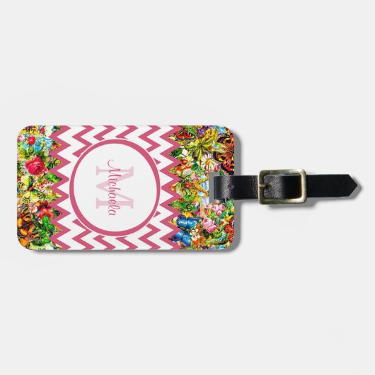 Mod Roze Chevron  Floral Monogram en naam Bagagelabel (Voorkant horizontaal)