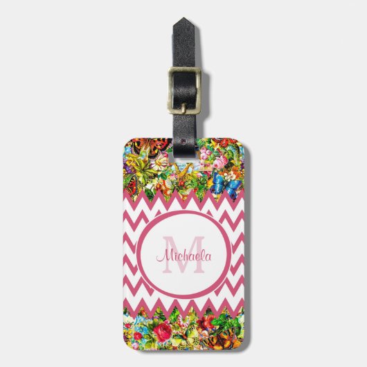 Mod Roze Chevron Floral Monogram en naam Bagagelabel (Voorkant verticaal)