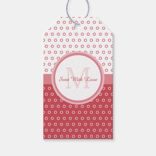 Mod roze en witte poka dots monogram met naam cadeaulabel (Voorkant)