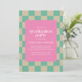 Mod Roze Mint Green Check Photo Graduparty Kaart (Staand voorkant)