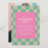 Mod Roze Mint Green Check Photo Graduparty Kaart (Voorkant / Achterkant)