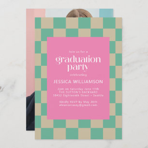 Mod Roze Mint Green Check Photo Graduparty Kaart