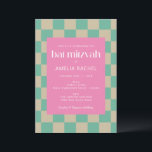 Mod Roze Mint Green Checkerboard Bat Mitzvah Kaart<br><div class="desc">Mod Roze Mint Green Checkerboard Bat Mitzvah Uitnodiging</div>