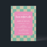Mod Roze Mint Green Checkerboard Bat Mitzvah Kaart<br><div class="desc">Mod Roze Mint Green Checkerboard Bat Mitzvah Uitnodiging</div>