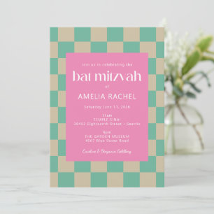Mod Roze Mint Green Checkerboard Bat Mitzvah Kaart