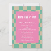 Mod roze Mint Green Checkerboard Bat Mitzvah RSVP Kaart (Voorkant)