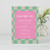 Mod roze Mint Green Checkerboard Bat Mitzvah RSVP Kaart (Staand voorkant)