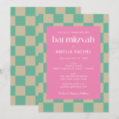 Mod roze Mint Green Checkerboard Bat Mitzvah RSVP Kaart (Voorkant / Achterkant)