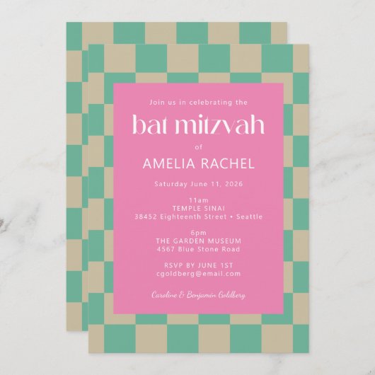 Mod roze Mint Green Checkerboard Bat Mitzvah RSVP Kaart (Voorkant / Achterkant)